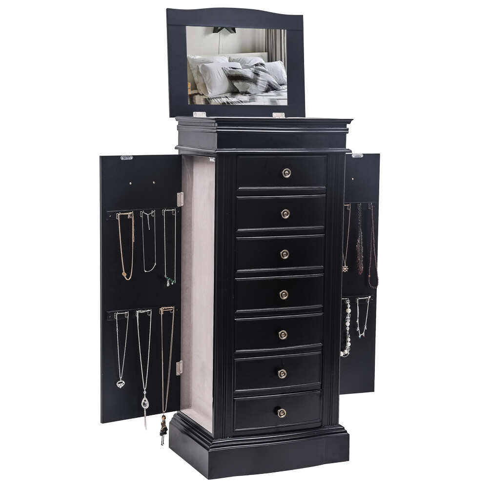 Elegant Jewelry Armoire with Mirror, 7 Drawers, 24 Necklace Hooks, and Dual Side Swing Doors