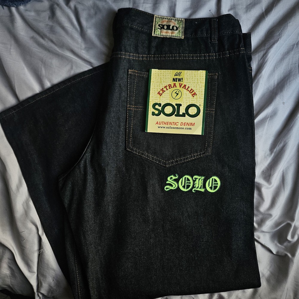 NWT Vintage Y2k Solo Semore Black Raw Denim Embroidered Baggy Jeans Size 42x31