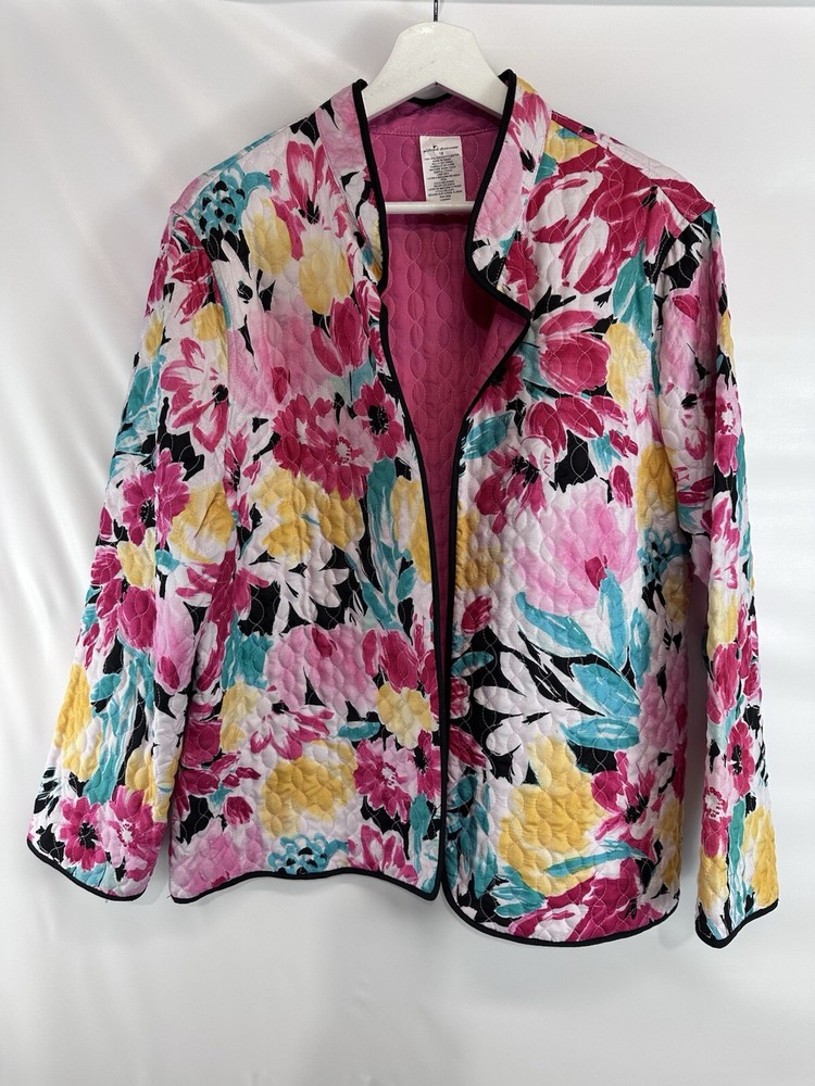 Alfred Dunner Quilted Open Front Floral Jacket Colorful Lightweight 18