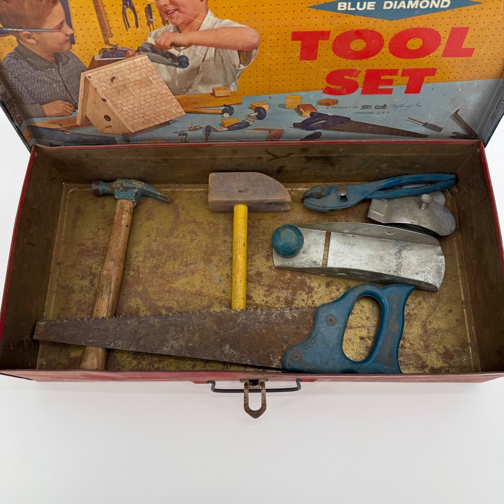 Vintage Handy Andy Blue Diamond Toy Tin Tool Set W Real Tools 50's USA