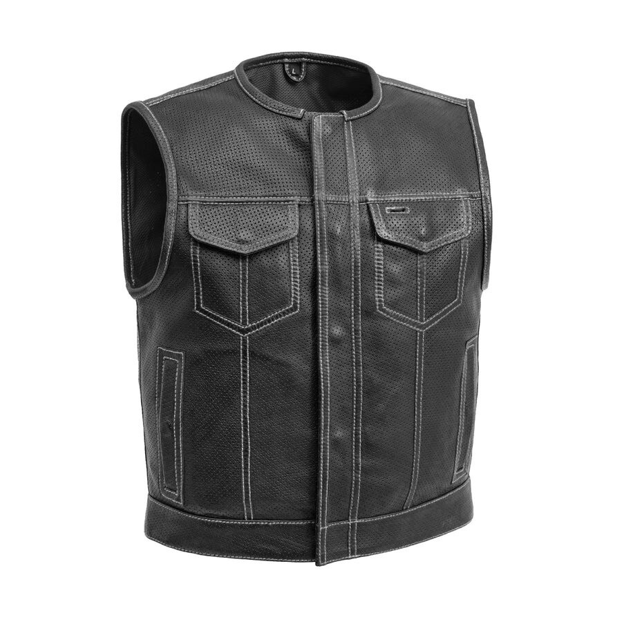 Black Perforated Cowhide Leather Motorcycle Vest for Men