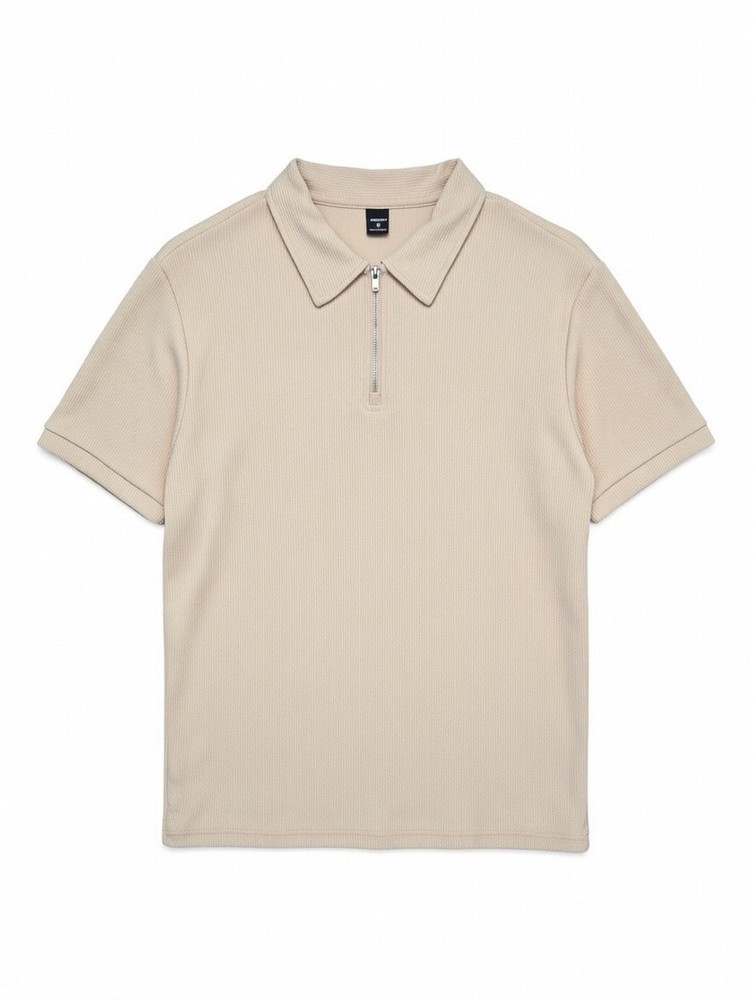 MANFINITY Beige Polo Shirt Men's Short Sleeve Zip Collar Knit Casual Size M