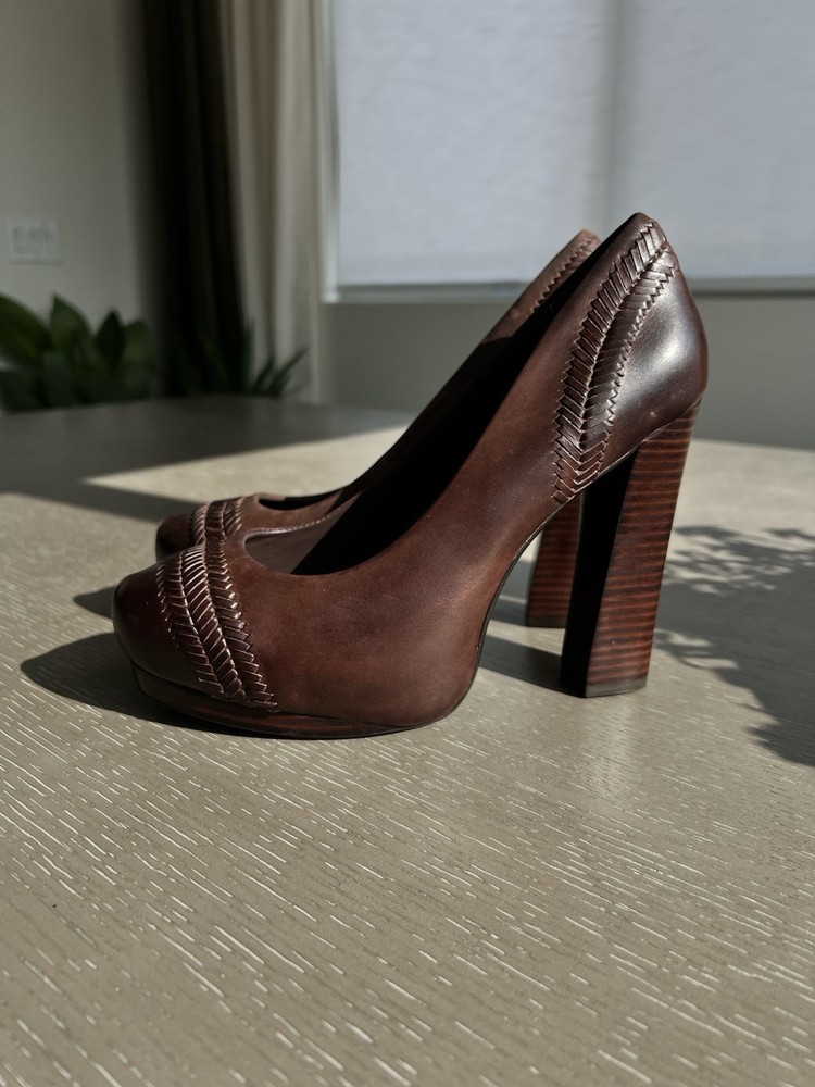 MAXSTUDIO - REAL LEATHER - Alisa Brown Basketweave platform block heel