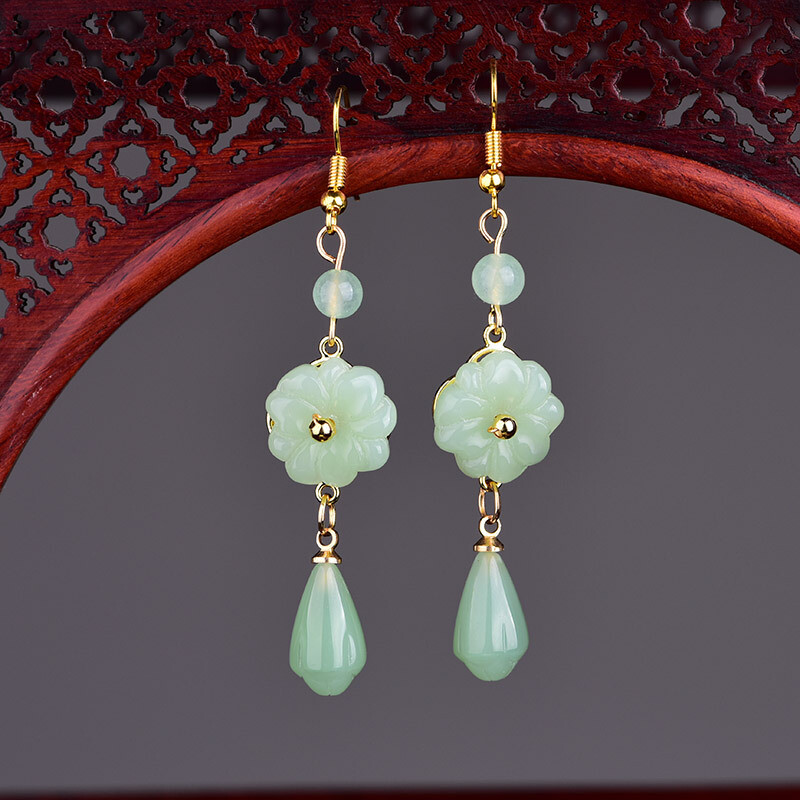 Green Jade Flower Earrings Natural Jewelry 925 Silver Women Amulet Carved