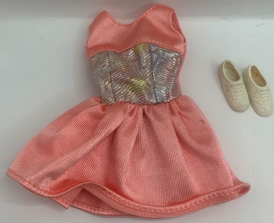 Vintage Barbie Fashion Pack Outfit Clothing Peach Coral Short Party Dress Shoes