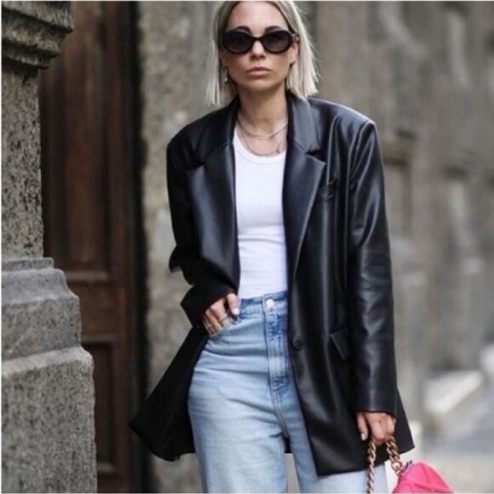 NWT Rebecca Minkoff Faux Leather Blazer Jacket Size L Black Lined