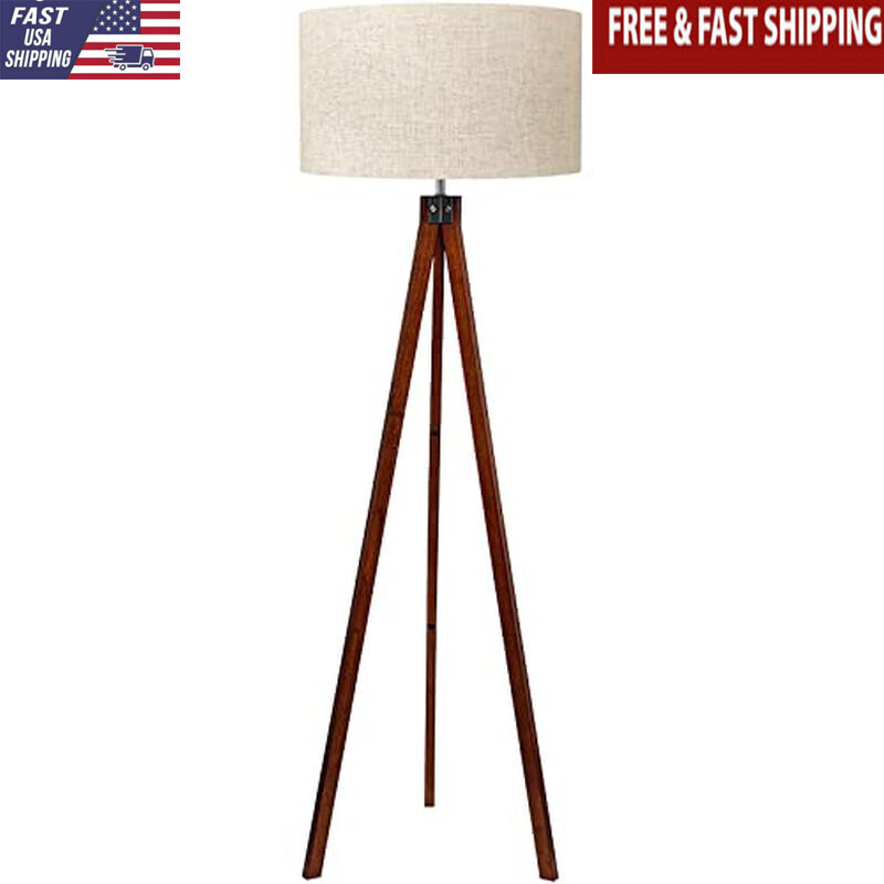 Wooden Tripod Floor Lamp Modern Aesthetic E26 Base Foot Switch Living Room New