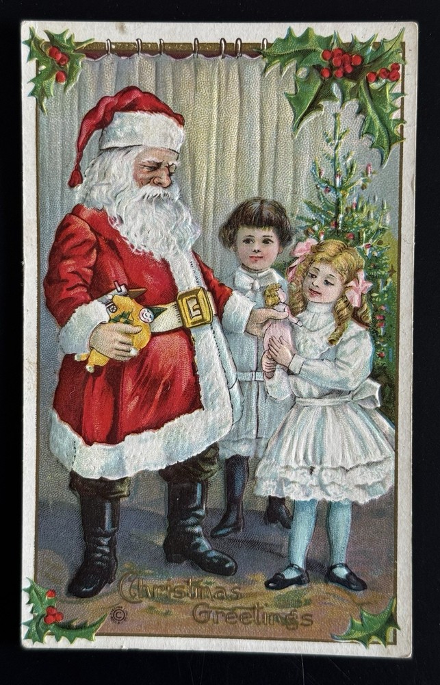 c1910's Christmas Greetings Santa Claus Giving Toys Present Berries Postcard