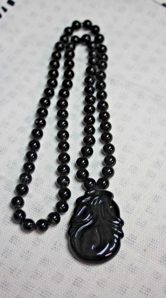 Vintage 1960s Black Onyx Pendant with Pear Beaded Necklace Rare Find