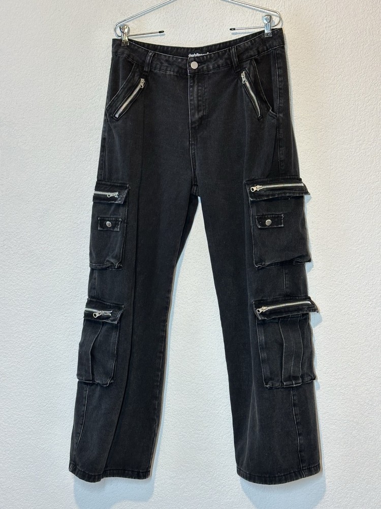 YK2 Womens L 33x 29 Black Baggy Cargo Jeans Wide Leg Raver Skate Goth Grunge Emo