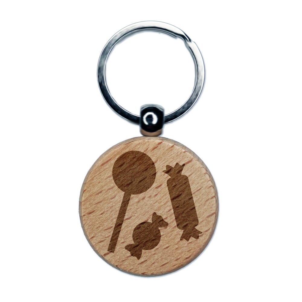 Candy Lollipop Engraved Wood Round Keychain Tag Charm