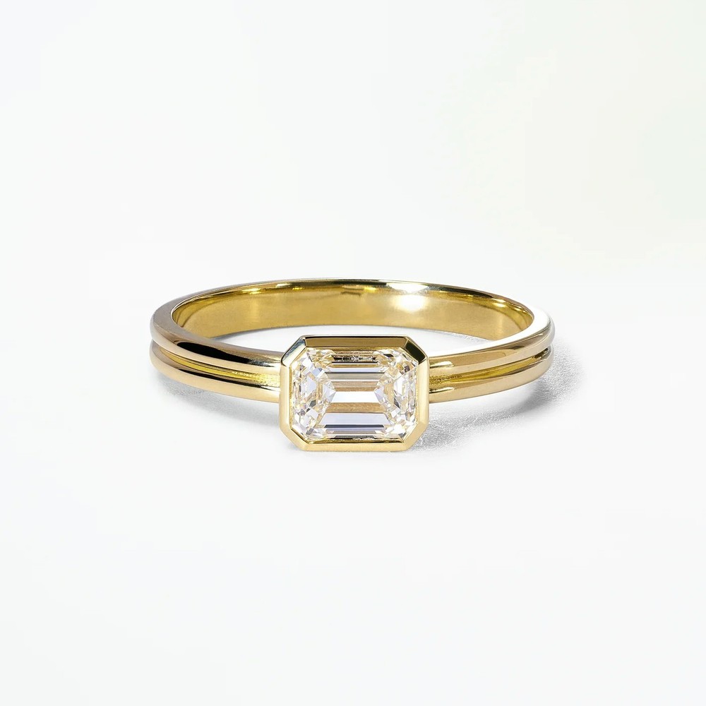 Stunning 1.50ct Emerald Cut Moissanite Solitaire Ring, 14k Yellow gold Micron