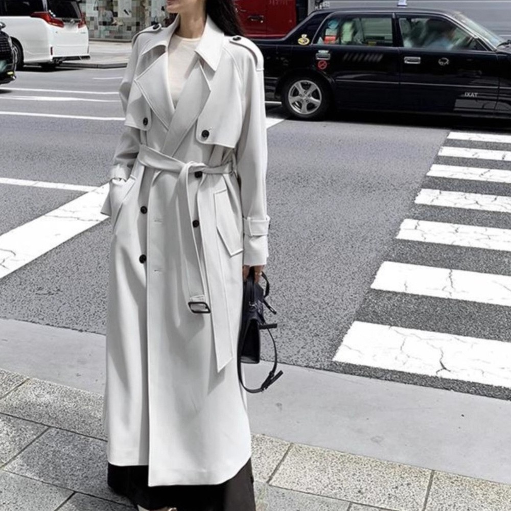 Double Breasted Women Long Trench Coat Loose Fit Lapel Collar Spring Autumn Overcoat-image
