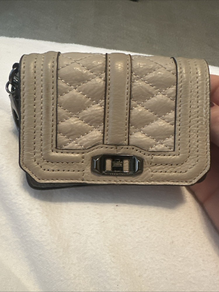 Rebecca Minkoff Tan Wallet with Black Silver Chain Keychain Hoop