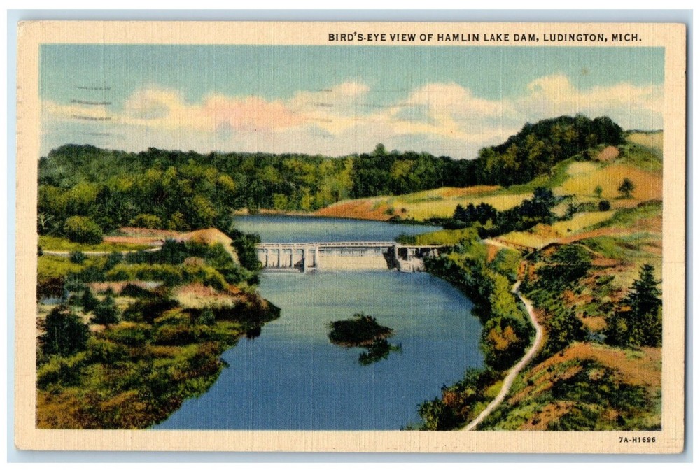 1940 Bird's Eye View Of Hamlin Lake Dam Ludington Michigan MI Vintage Postcard