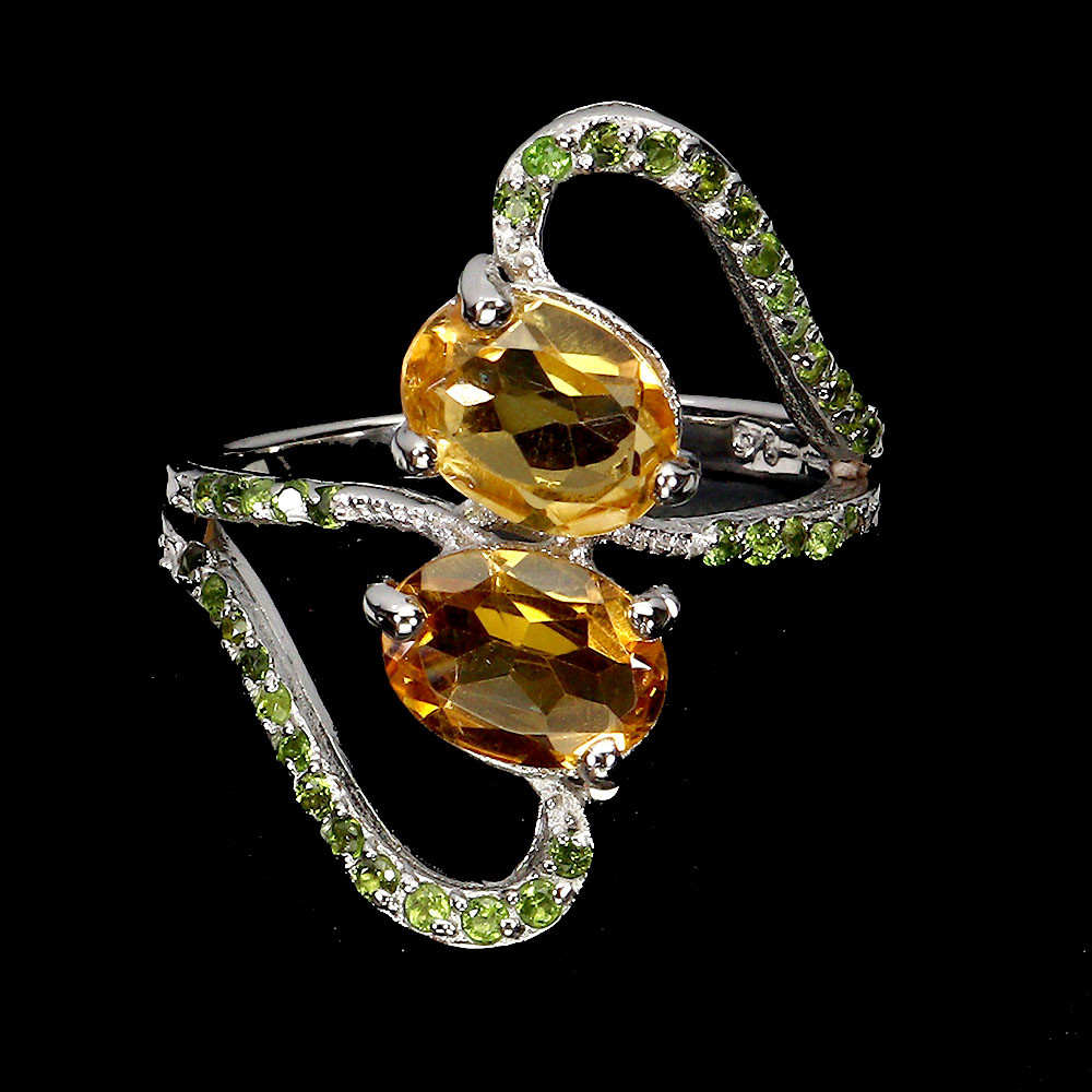 925 Sterling Silver Oval Citrine Chrome Diopside Gemstone Ring Size 7.5