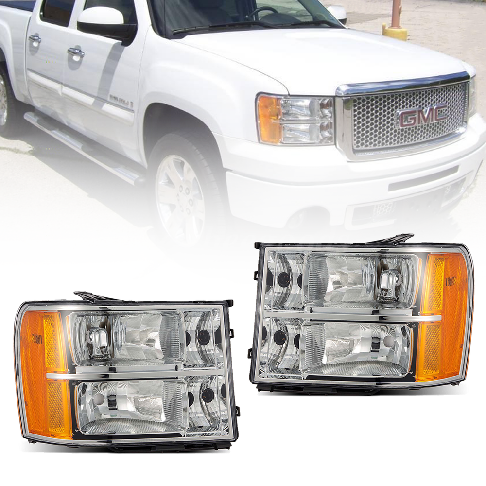 Pair Headlights For 2007 2008-2013 GMC Sierra 1500 2500 3500HD Chrome Headlamps