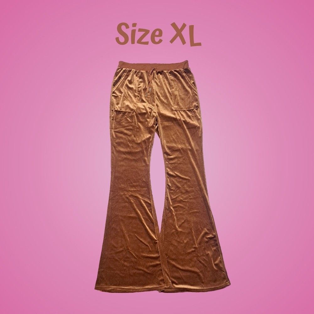 Y2K Soft Velvet Flare Leg Stretch Pants with Pockets Copper XL
