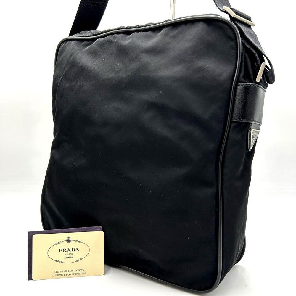 Prada Black Nylon Saffiano Leather Shoulder Bag with Triangle Logo Pre-Owned