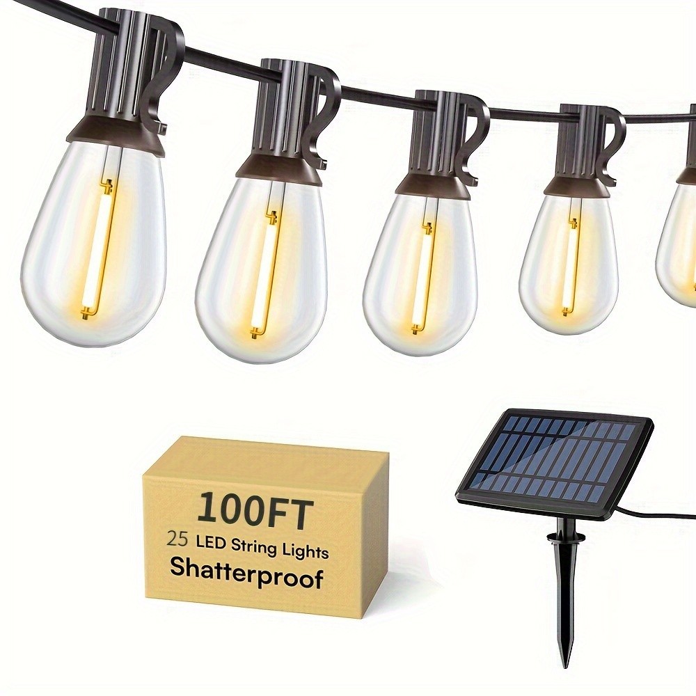 100ft Solar Lights Outdoor LED String Lights S14 Edison Bulbs Hanging Lights