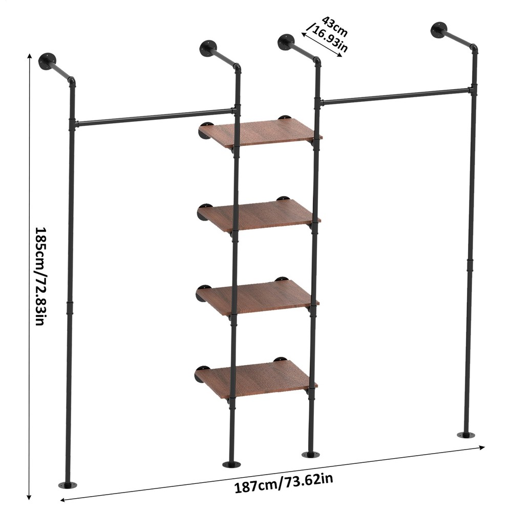 Wall Mounted 3 Row 4 Layer Industrial Pipe Heavy Duty Metal Clothes Rack