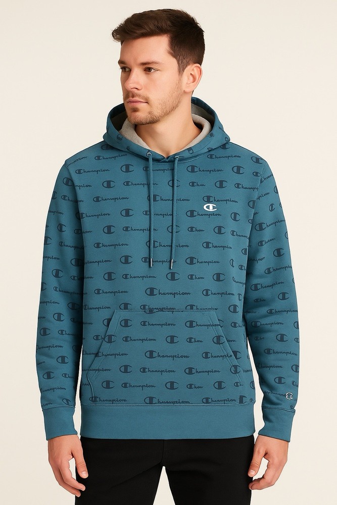 Champion Men’s Hoodie Large Blue Pullover Sweatshirt All Over Logo Print Pockets