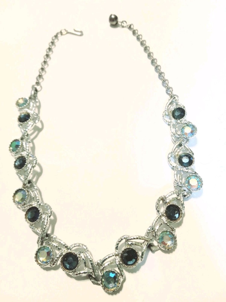 Vintage Silvertone Collar Necklace with Blue & Borealis Rhinestones Hook Closure