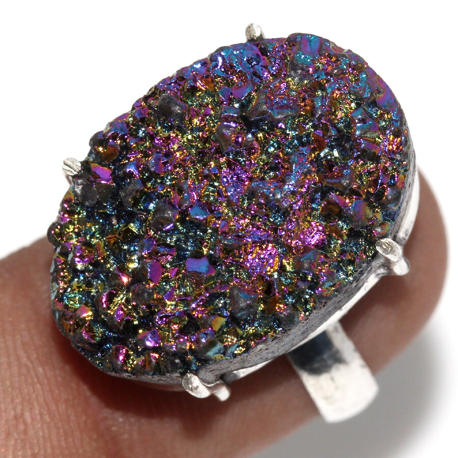 Titanium Druzy Gemstone Handmade 925 Silver Plated US Size 6 Birthday Gift Ring