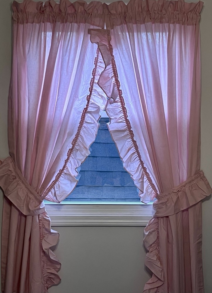 Pink Ruffled Priscilla Curtains Pink Panels Tie Backs  46x83 VTG 80s J.C Penny
