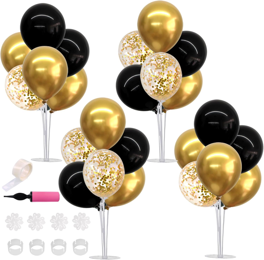 4 Set Black Gold Balloon Centerpieces for Table,Balloon Stand Kit for Black Gold