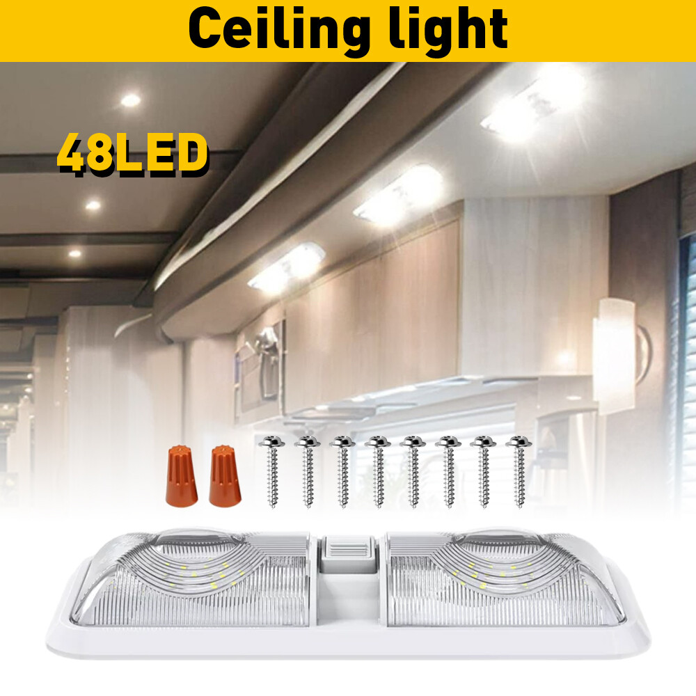NEW RV 48 LED 12V CEILING FIXTURE DOUBLE DOME LIGHT FOR CAMPER TRAILER RV MARINE