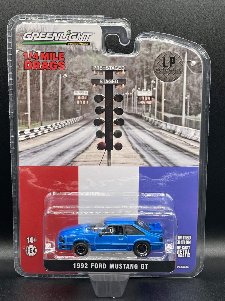 1992 Ford Mustang GT Blue Drag Car 1:64 Diecast by Greenlight LP Exclusive