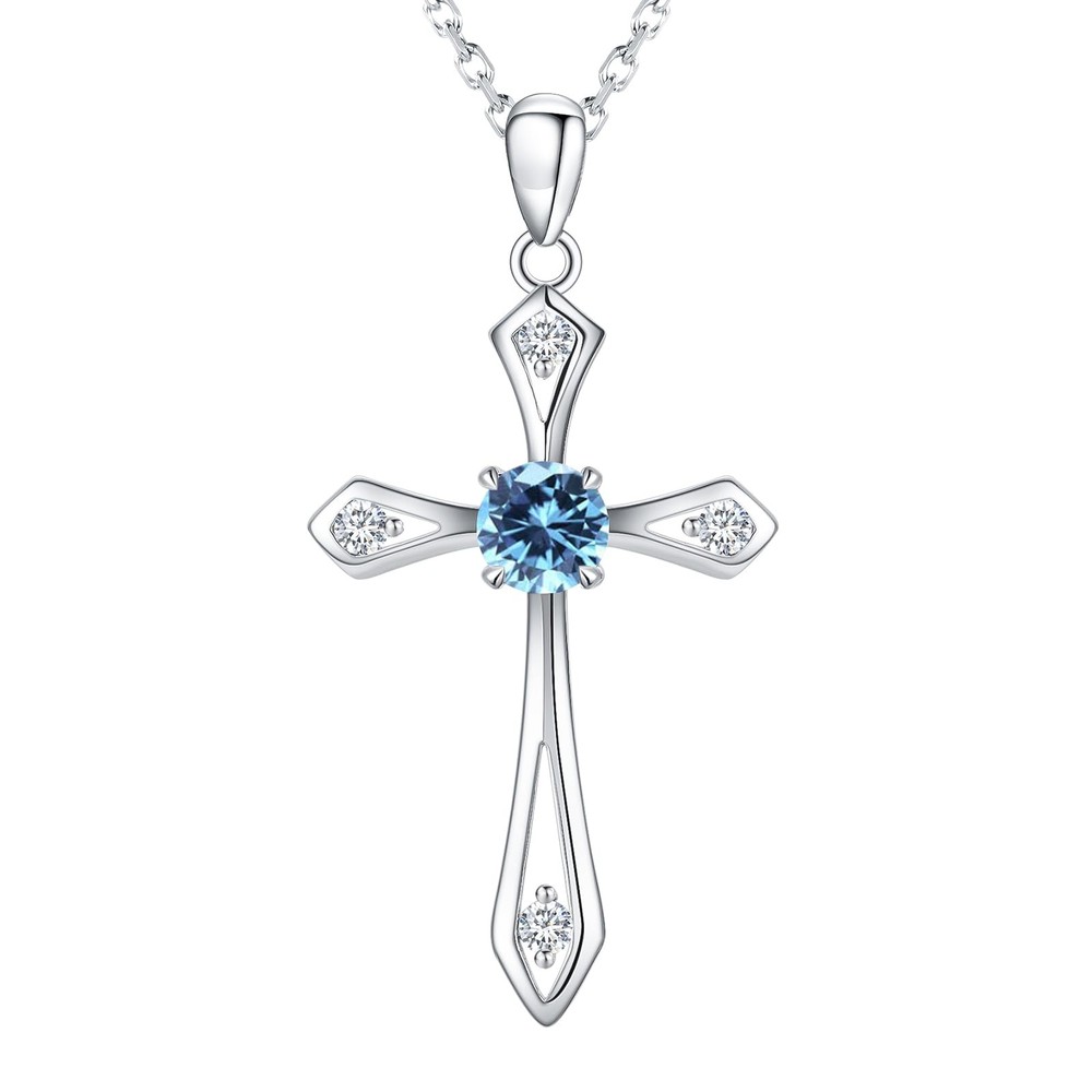 Cross Necklace for Women ,925 Sterling Silver Birthstone Necklace,Blue Topaz-...