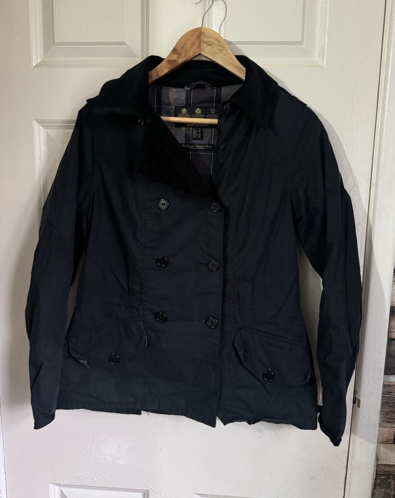 Barbour Elmgate Trench Coat Size UK 10 Black Women's Wax Jacket - Great Cond