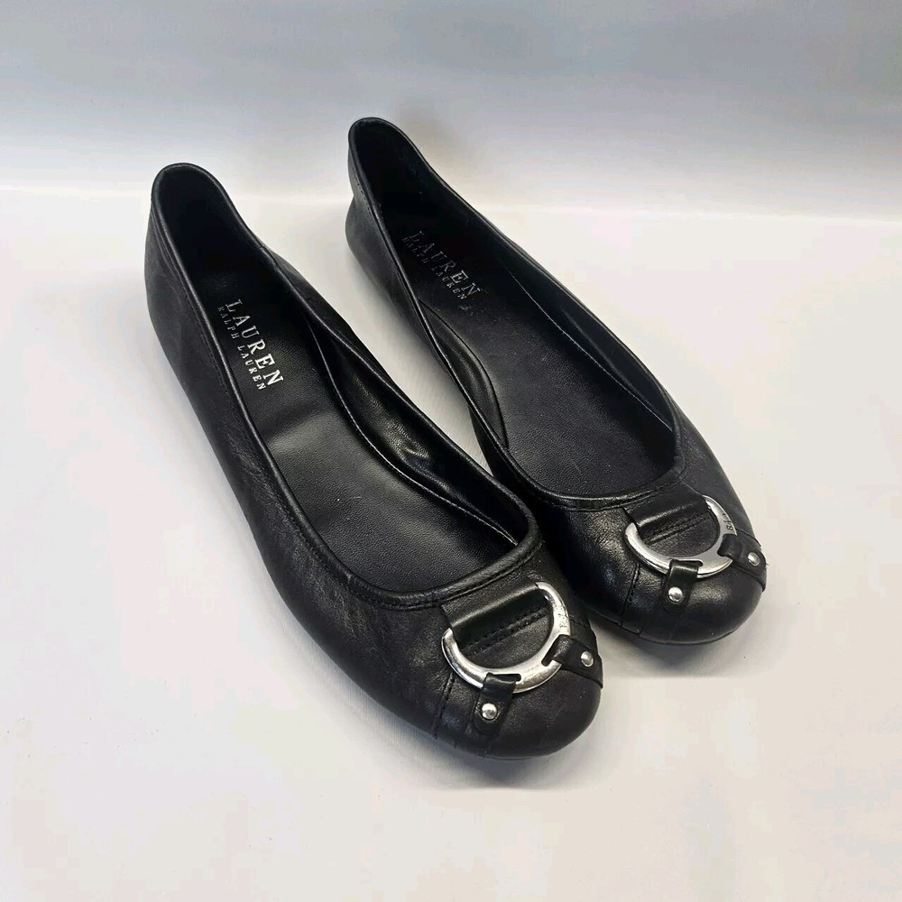 Y2k Ralph Lauren Flats Black Silver Buckle Abigale Ballet Classic Leather 8.5 B