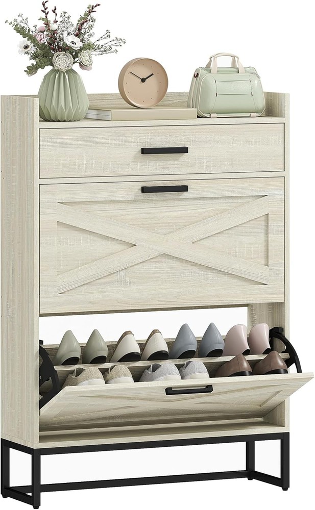 Farmhouse Narrow Shoe Storage Cabinet with 2 Flip Drawers Holds 12 Pairs
