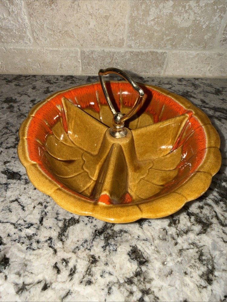 Vintage Divided Relish Nut Candy Dish Brown Orange Drip MCM California Pottery