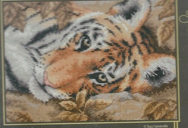 BEGUILING TIGER--Laying on Leaves--Golden Eyes-Big Cat--Counted Cross Stitch KIT