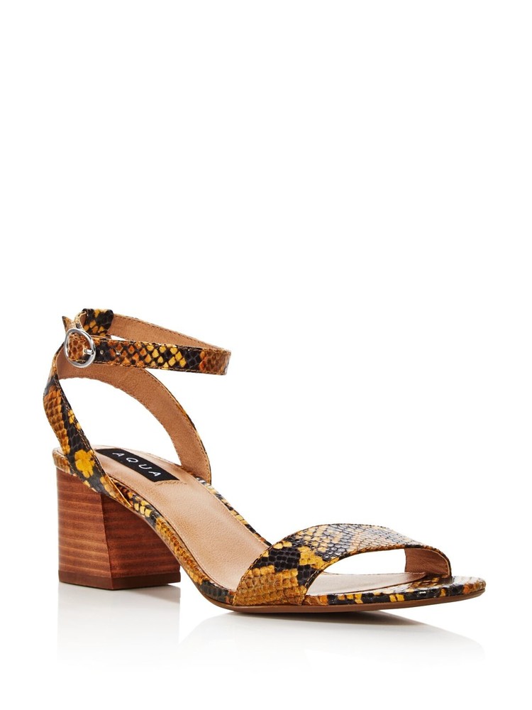 AQUA Womens Yellow Snake Print Carly Open Toe Stacked Heel Leather Sandals 6 M