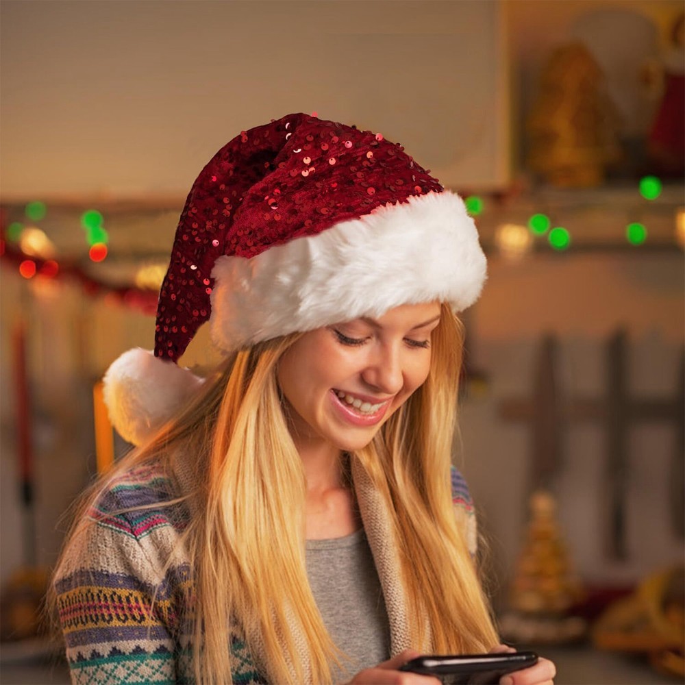 Christmas Decoration Atmosphere, Red Double-layer Sequin Sea Style Plush Hat