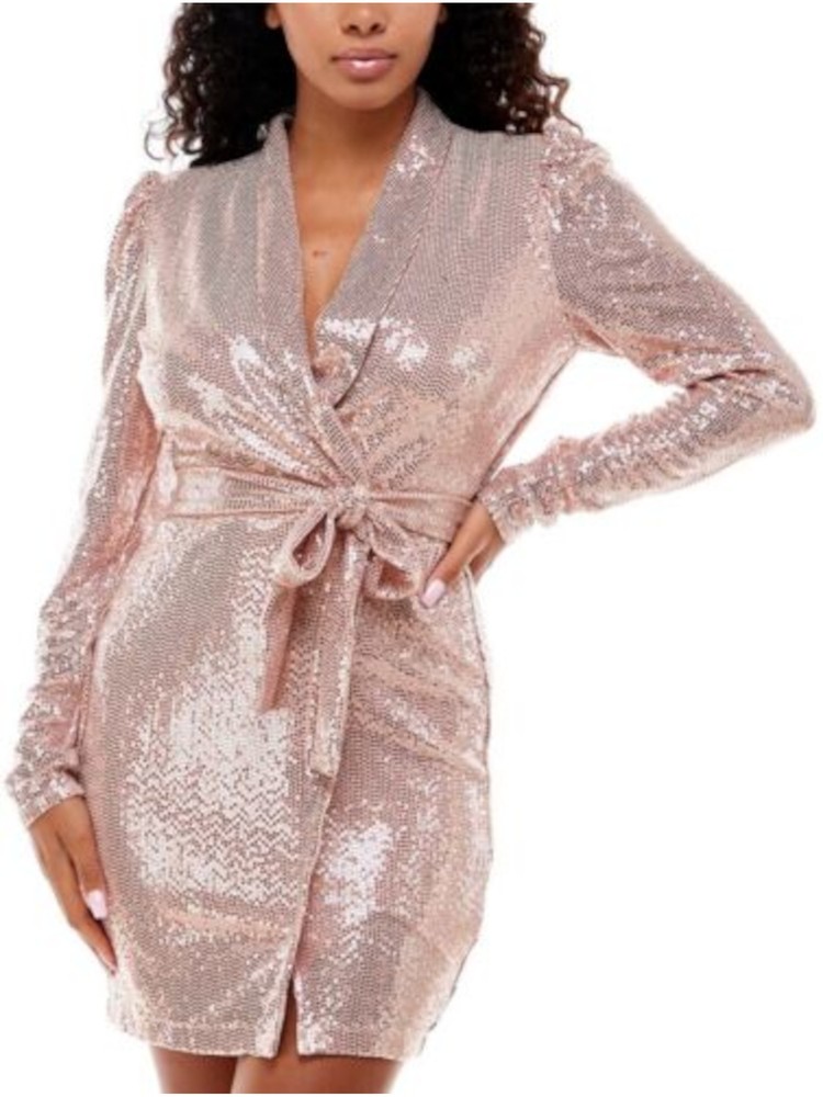 EMERALD SUNDAE Womens Pink Belted Tuxedo Collar Short Dress XS