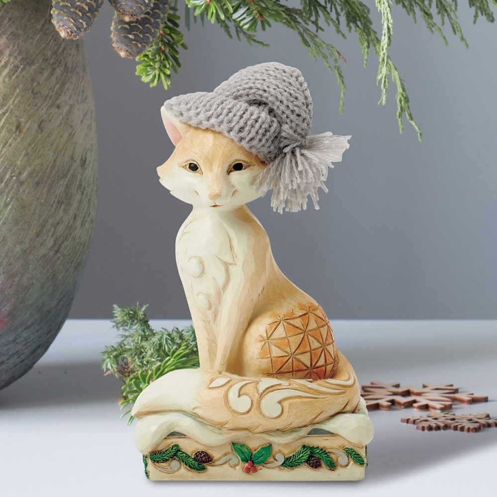 ღ New JIM SHORE Figurine WHITE WOODLAND FOX Forest Animal Art Knitted Hat Statue