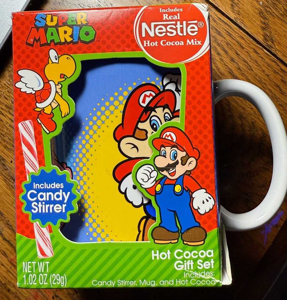 Super Mario Ceramic Coffee Mug With Hot Cocoa Mix & Candy Stir Stick ~Unopened~