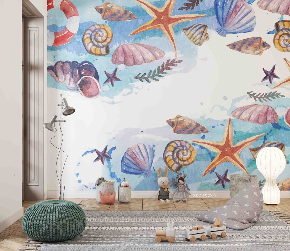 3D Conch Shell Starfish Watercolor Wall Murals Wallpaper Murals Wall Sticker