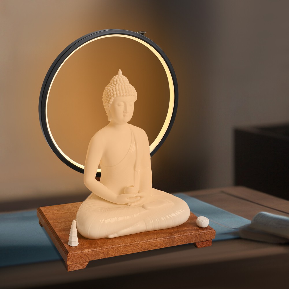 Ceramic Buddha Statue, Buddha Statue and LED Circle Table Lamp