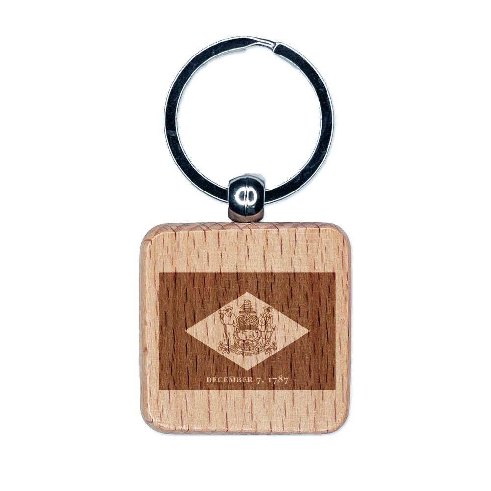 Delaware State Flag Engraved Wood Square Keychain Tag Charm