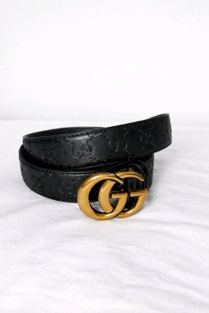 Gucci Belt Black GG Embossed Leather Double G Gold Buckle Men 95cm/38in