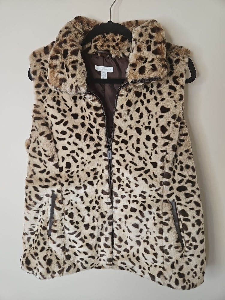 Charter Club Vest Women L Brown Animal Print Faux Fur Faux Leather Trim Luxe Top