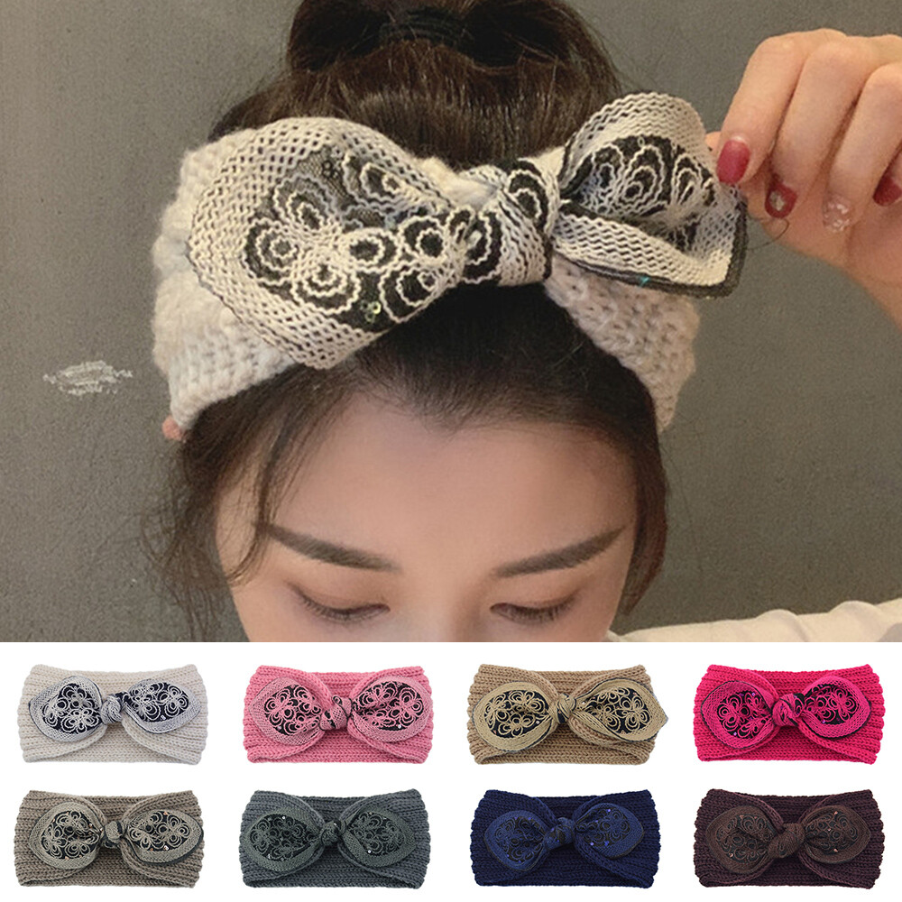 Wool Knit Elastic Headband with Big Bow Hair Accessory  