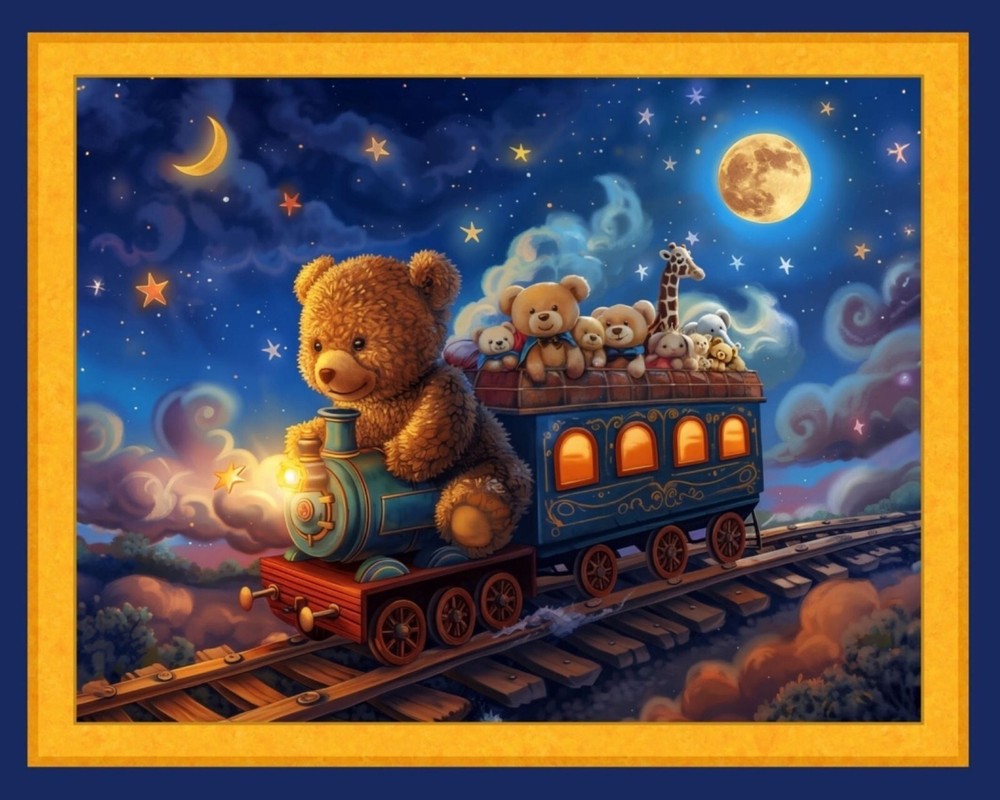 Choo Choo Train Teddy Bear Baby Child Quilt Top Wall Hanging Panel Fabric